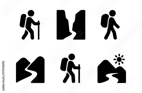Adventure hiking icons set for outdoor enthusiasts and trail designs