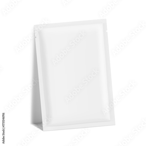 Four side seal sachet bag with tear notch mockup. Half side view. Vector illustration isolated on white background. Can be use for template your design, presentation, promo, ad. EPS10.