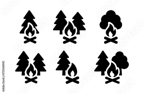 Minimalist campfire and nature icon set for outdoor design projects