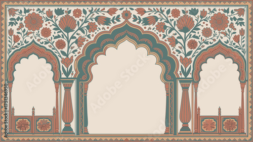 Floral mughal arch with intricate details, a vintage architectural design element