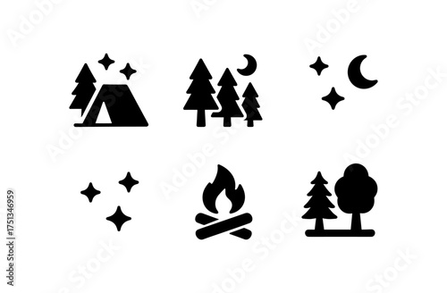 Minimalist forest camping icons for outdoor adventure designs
