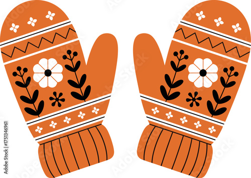 Pair of orange knitted mittens with floral ornament isolated on white background