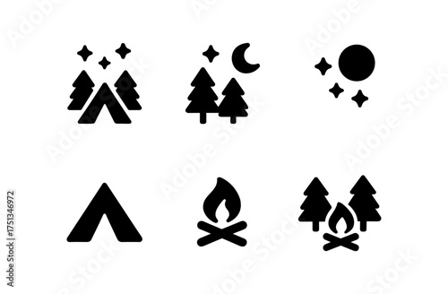 Minimalist forest camping icons set for nature and outdoor designs