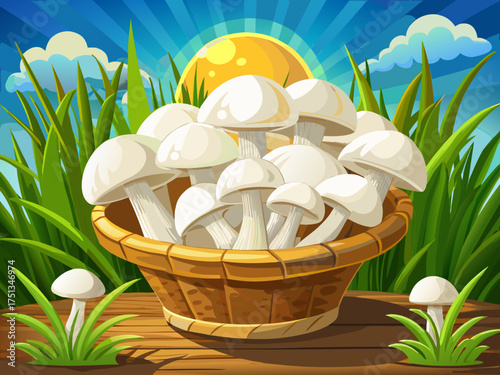 vector of Fresh white mushrooms isolated in a white basket on a rustic wooden table with a background of green grass and beautiful sunshine