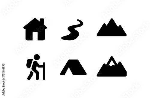 Minimalist mountain trail and hiking icons for outdoor adventure designs