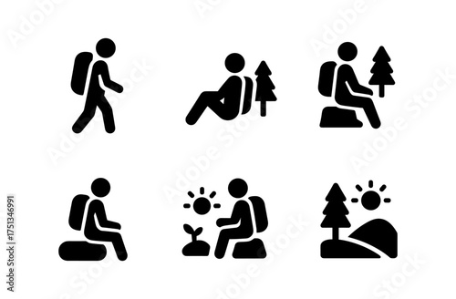 Outdoor hiking adventure icons for nature activities and relaxation