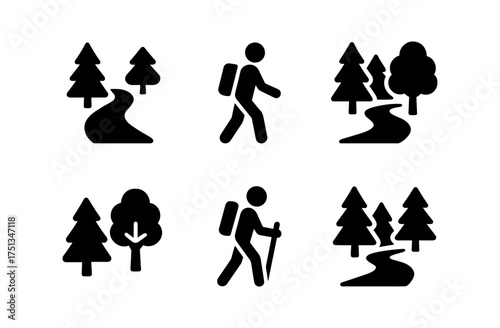 Nature and hiking themed forest trail icons for outdoor apps and signage design