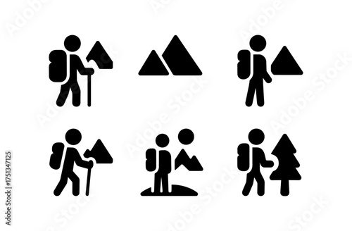 Mountain trekking icons set for outdoor adventure design and hiking enthusiasts