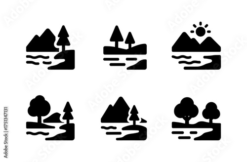 Scenic lake panorama icon set for nature-themed designs