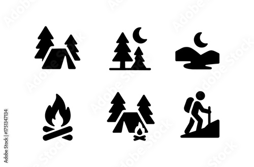 Forest camping icons set: simple design for outdoor adventure and nature enthusiasts