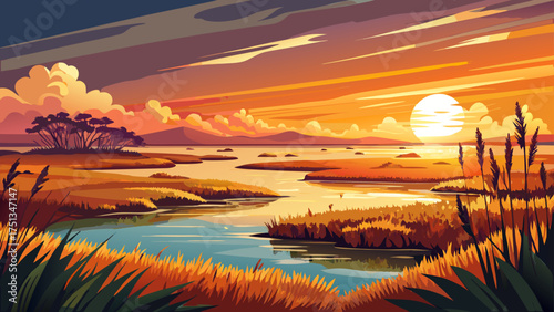 
Very beautiful coastal salt marsh glowing under golden sunset on Virginia coast, USA, with tall grass, still water, and serene natural landscape.