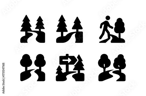 Nature trail and forest walk icons for outdoor adventure designs