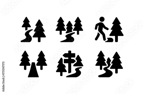 Forest walk icons for nature hiking and outdoor adventure themes