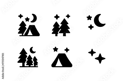 Minimalist camping icon set featuring tents, trees, moons, and stars for outdoor adventure designs