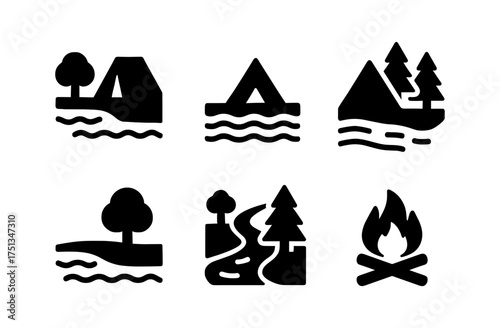 Riverside camping icons collection for outdoor adventure design and decoration