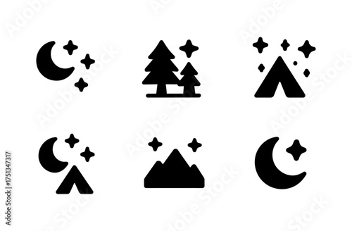 Night adventure icons collection for outdoor exploration design — camping and nature elements