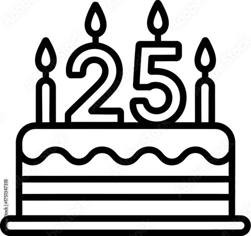 25th birthday cake with candles isolated on white background