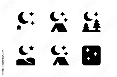 Minimalist night adventure icons set for camping, nature, and starry skies design projects