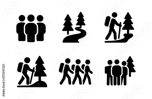 Pine forest adventure icons set for outdoor activities and hiking concepts design