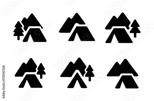 Minimalist mountain camping icons for outdoor adventure designs and nature-themed projects