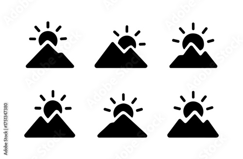 Mountain sunrise icons set for simple designs and nature-themed projects