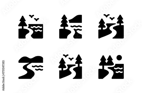 Minimalist lake path icon set for nature and travel design projects