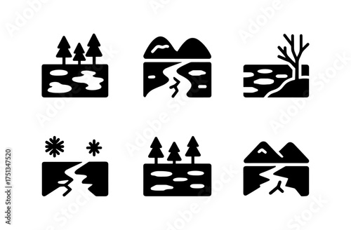 Winter landscape icons featuring frozen river and nature elements for design projects