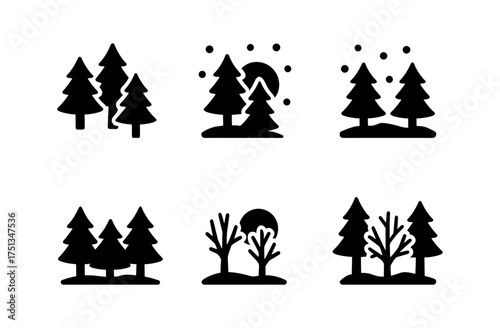 Simple snowy forest icons for winter design and decor