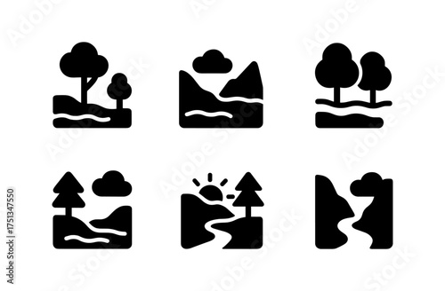 Autumn mist icons set featuring simple nature and landscape elements for design use