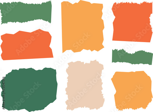 Collection of torn paper pieces in different colors, isolated on white background