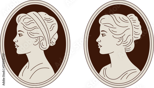 Two vintage cameo portraits of women in profile, set in oval frames isolated on white background