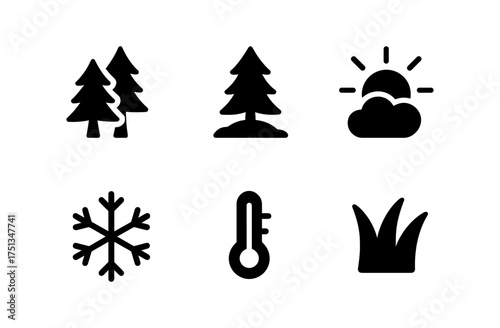 Winter forest icons set featuring trees, snowflake, sun, thermometer, and grass for seasonal design projects