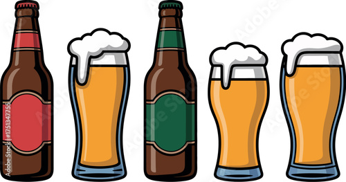 Illustration of beer bottles and glasses isolated on white background, vector art