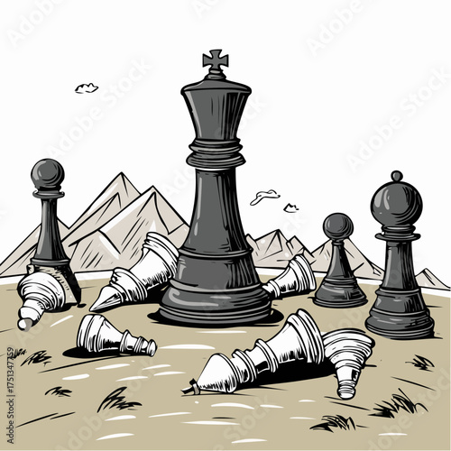 Giant chess pieces scattered across a barren landscape near some mountains