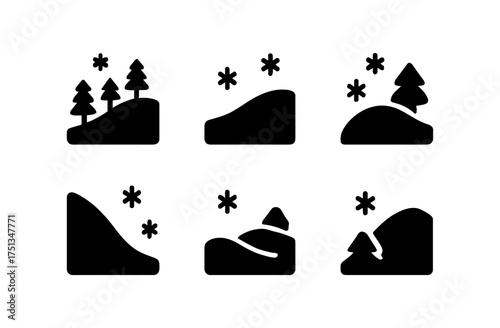 Winter icons set featuring minimalist snowy landscapes with pine trees for seasonal design