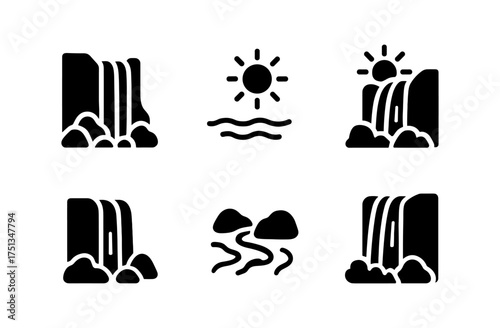 Simple summer waterfall icon set for travel and nature themes in design projects