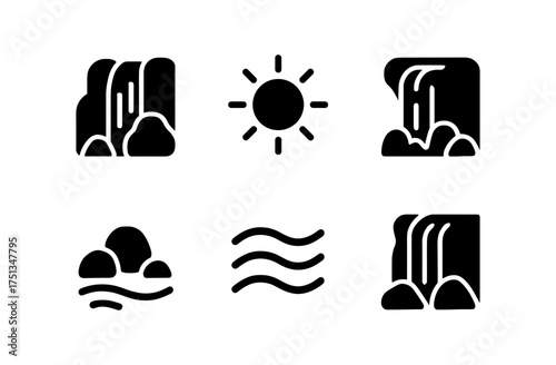 Minimalist summer waterfall and nature icons for design projects