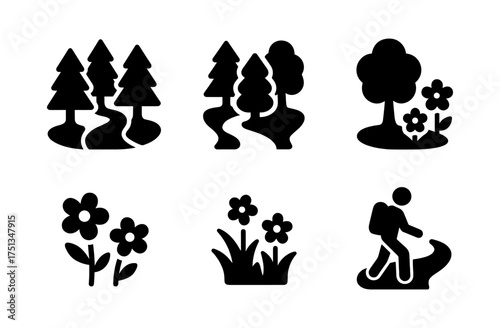 Nature and hiking icons set for spring forest themes and designs
