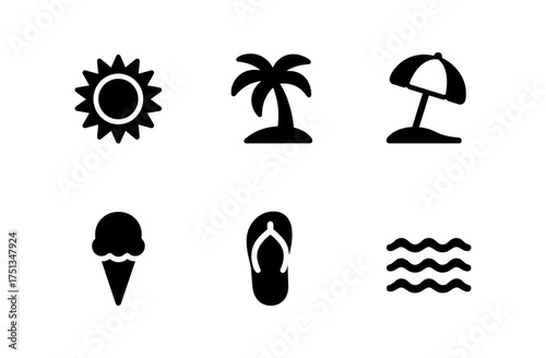 Minimalist beach icons set featuring sun, palm tree, umbrella, ice cream cone, flip flop, and waves for summer design projects