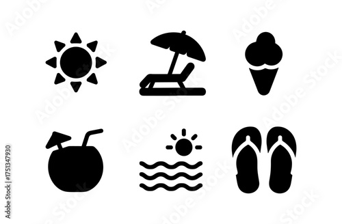 Summer beach icons set: sun, umbrella, ice cream, coconut drink, waves, flip flops for vacation projects