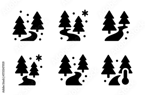 Winter path icon collection with snowy trees and simple design elements for graphic projects