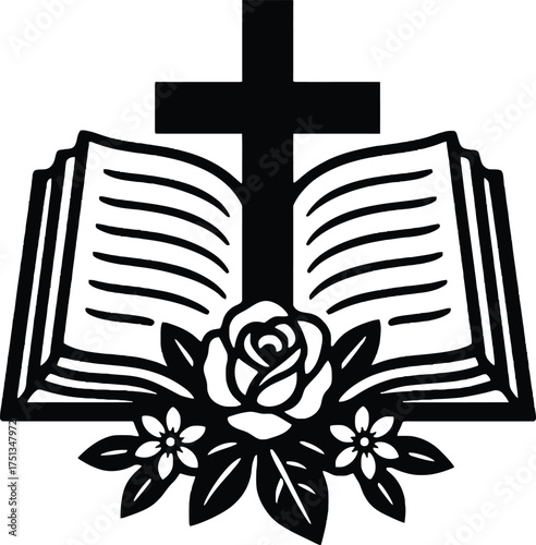 Christian Memorial: Open Book, Cross, and Flowers - Symbol of Remembrance and Faith - Black Vector Illustration with Transparent Background