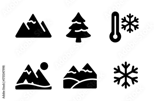 Winter mountain icons set for seasonal design projects