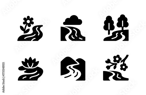 Minimalist spring stream icons set for nature-themed designs