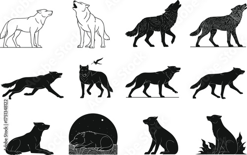 Wolf silhouette illustration, wild animal vector, howling wolf design, wildlife clipart, forest predator art, tribal wolf, moon night scene, nature