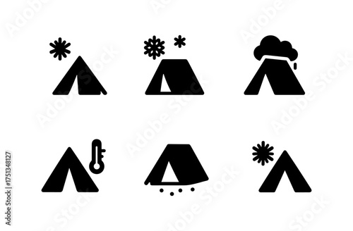 Winter camping icons set featuring tents and weather elements for design and print