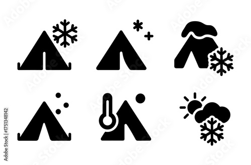 Winter camping icons collection for outdoor adventure and travel design projects