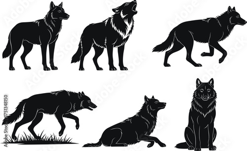 Wolf silhouette illustration, wild animal vector, howling wolf design, wildlife clipart, predator art, forest mammal, hunting stance, sitting wolf, nature