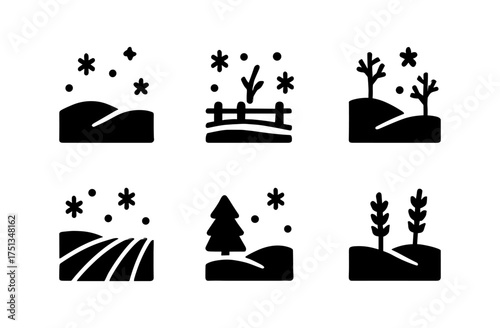 Minimalist winter landscape icons set featuring trees and snowflakes for seasonal design projects