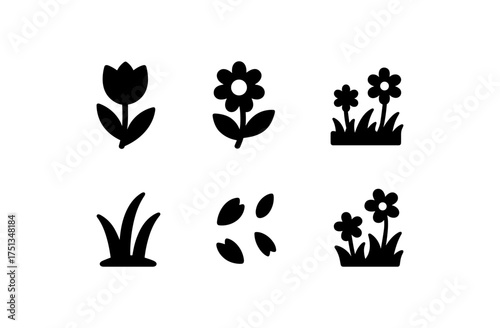 Spring icon set featuring simple flower and grass symbols for design projects